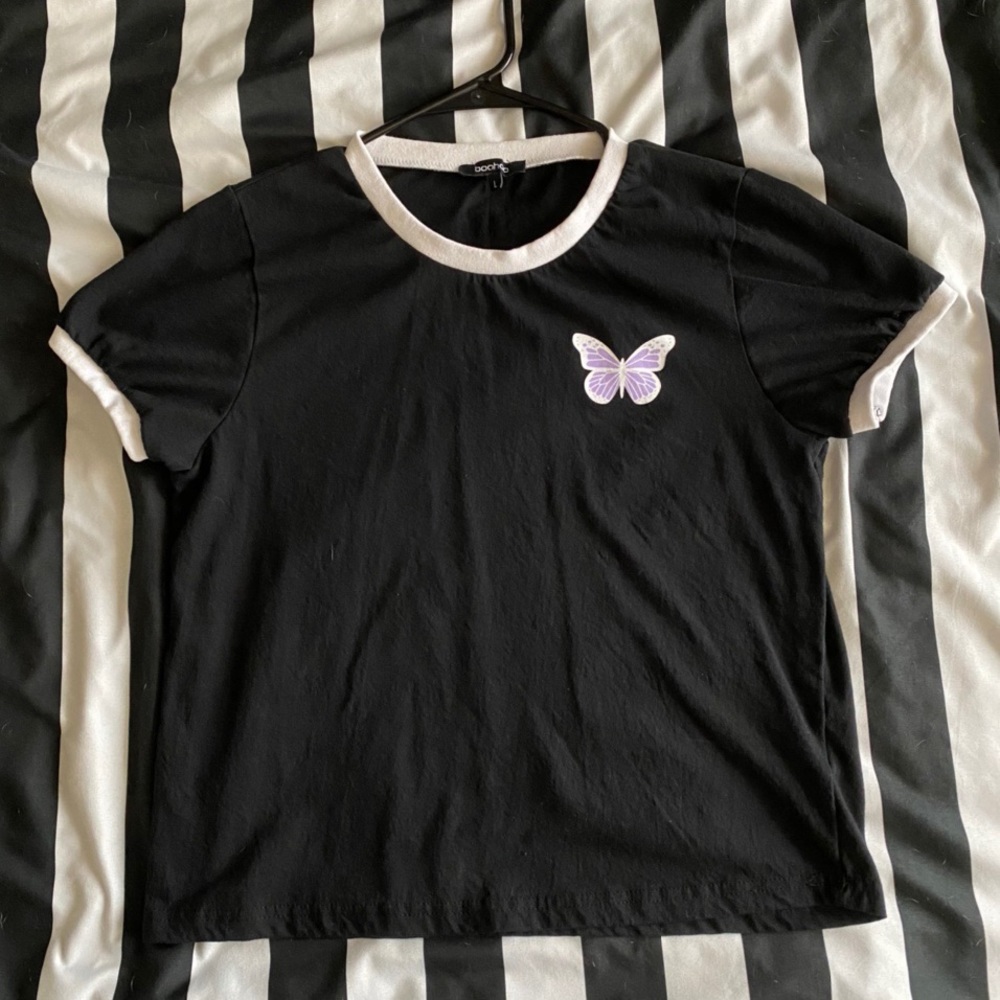Boohoo Butterfly Ringer Crop Tee